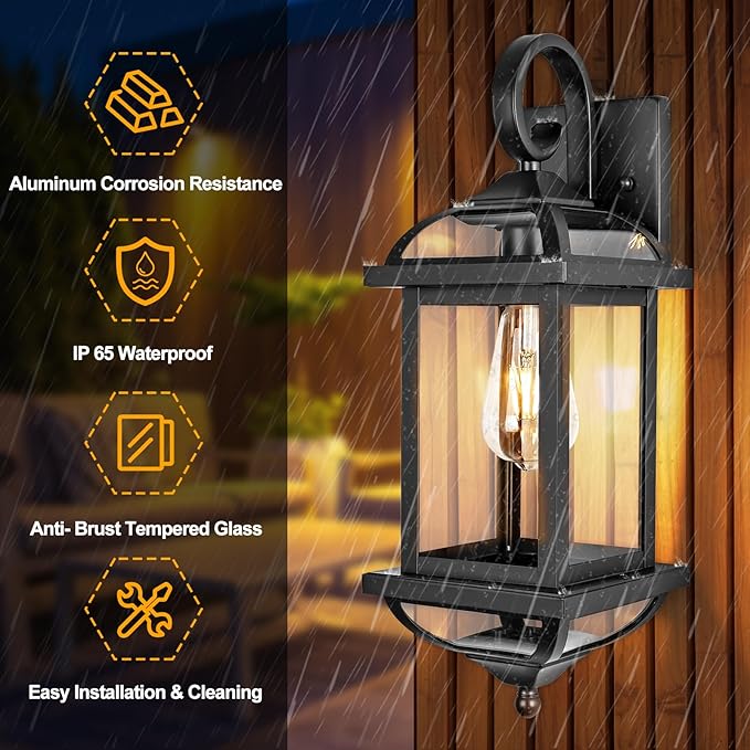 18” 2-Pack Black Porch Lights Outdoor Light Fixtures, Anti-Rust Aluminum Exterior Light Fixtures with Clear Glass Wall Mount Lanterns Outside Lights for House, IP65 Waterproof Wall Lights
