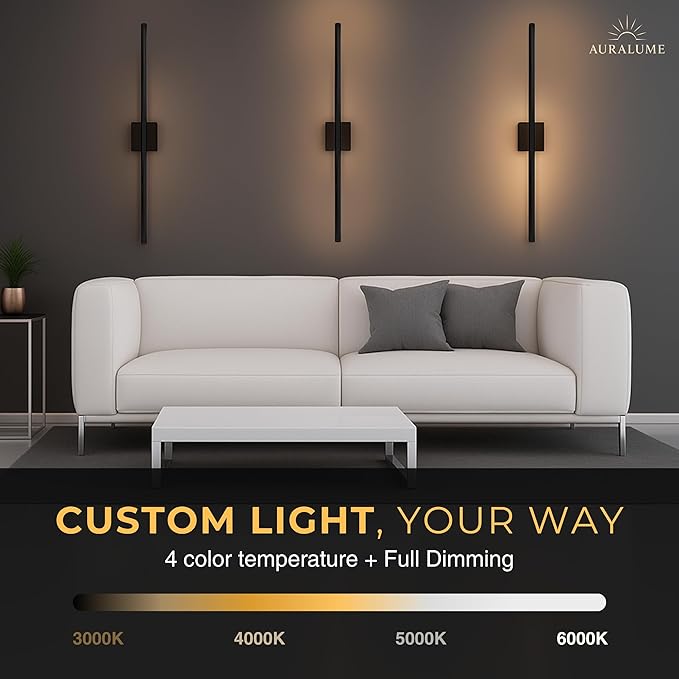Auralume Wall Sconce Set of Two – Battery Operated LED Wall Lights with Remote, Dimmable, 4 Color Temps 3000K–6000K, 20,000mAh Rechargeable, Modern Indoor Wall Lamps