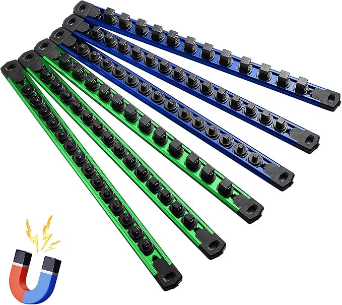Magnetic Socket Organizer, 6-Piece Heavty Duty Aluminum Socket Holder, Socket Rail for Tool Box, Premium Quality 360° Swivel Socket Rack with 80 Clips for 1/2, 3/8, 1/4-Inch(Blue&Green)