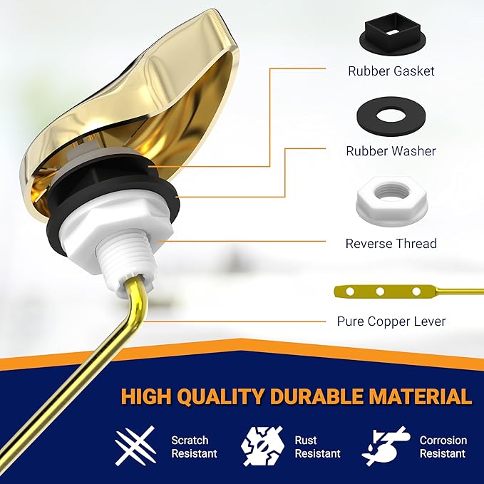Universal Toilet Handle Lever Replacement - Toilet Flusher Replacement, Front Mount Toilet Tank Lever Fits Most Toilet Tanks - Efficient and Easy to Install Toilet Handle Replacement - Brass Polished