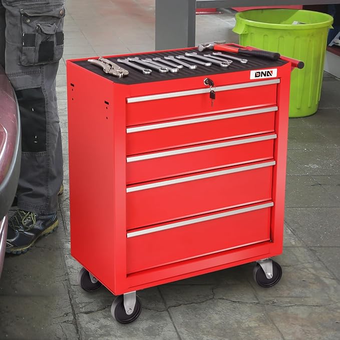 DNA MOTORING 5-Drawer Rolling Tools Chest, Rolling Tool Storage Cabinet, Heavy Duty Mechanic Tool Cart, Trolley Organizer for Garage, Warehouse, Workshop, Red, TOOLS-00398