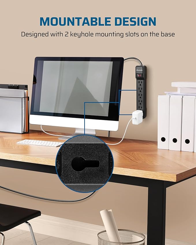 DEWENWILS 2-Pack 6-Outlet Power Strip Surge Protector, 6Ft Long Extension Cord, UL Listed, Low Profile Flat Plug, 15 Amp Circuit Breaker, 500 Joules, Wall Mount, Black