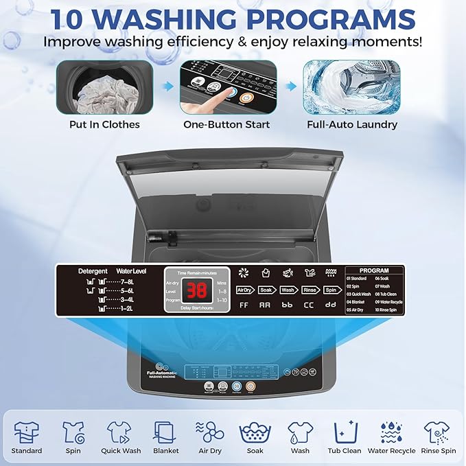 Nictemaw Portable Washing Machine 20Lbs Portable Washer with Drain Pump, 2.8 Cu.ft Compact Washer Machine with 10 Programs 8 Water Levels Compact Laundry Machine for Apartment, Home, Dorms, Rv