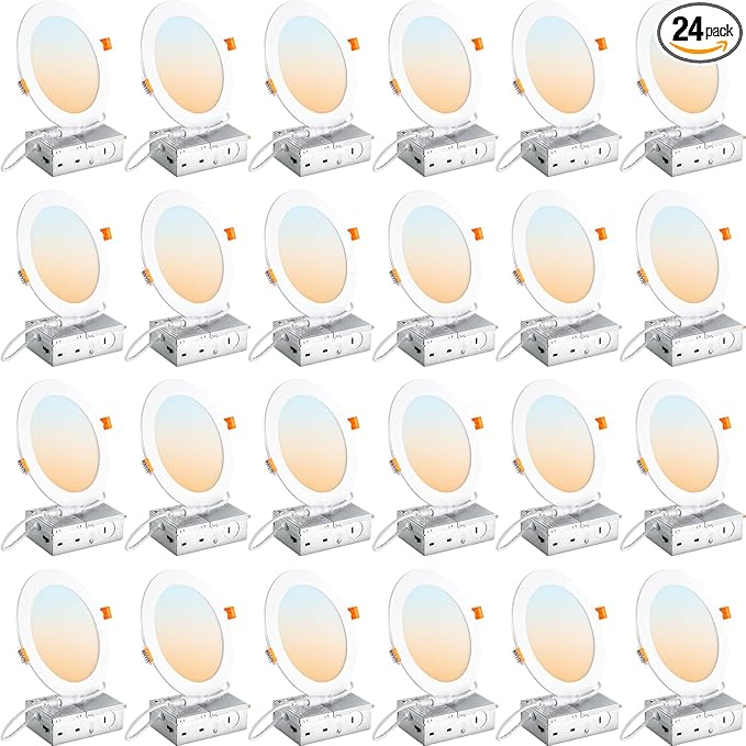 DLLT LED Recessed Ceiling Light: 24 Pack 6 Inch Slim Recessed Lighting for Kitchen - 5CCT Dimmable Canless Wafer Downlight for Living Room - 725LM Brightness 12W 120V Can Lights for Bedroom ETL FCC
