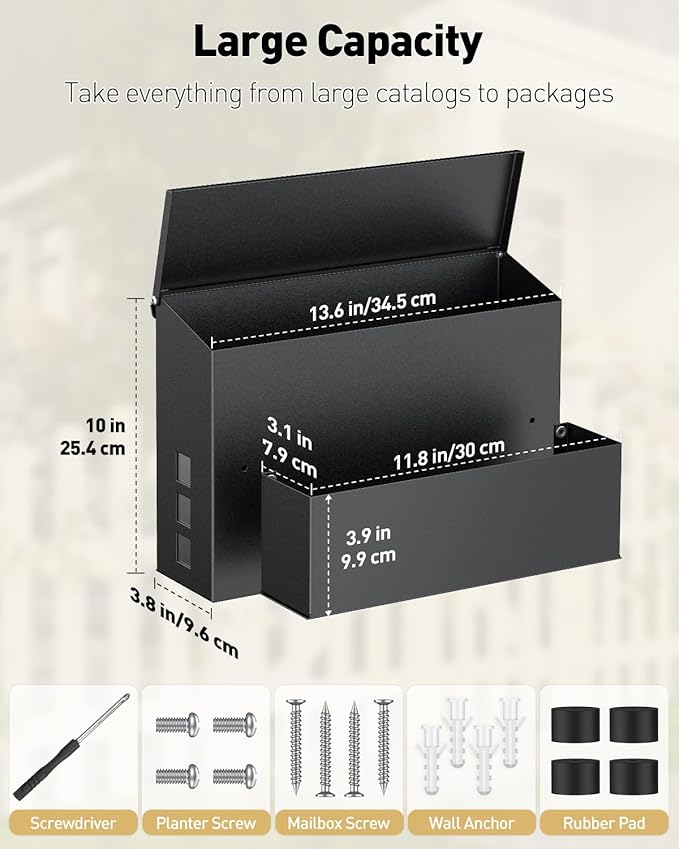 Uniclife Wall Mount Mailbox for Outside, Large Mailbox with Planter, Large Capacity Mail Box for House, Rust-Proof Steel Post Box for Home Office School, Modern Metal Drop Case, Black