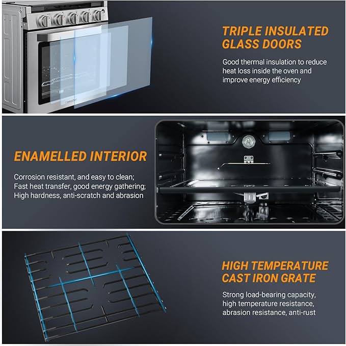 AMZCHEF RV Gas Range Stove 12V. Range Oven for RV Use with 3 Burners,Gas Oven, 28,100BTU, Open Flame Configuration, Knob work indicator, Heavy Duty Cast Iron Grates (Large 21 inch)