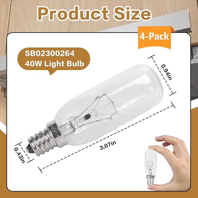 【4-Pack】 40W E12 Candelabra Bulbs, Dimmable 120V Warm White, Compatible for Broan/Whirlpool Range Hood Light Replacement for Models PM250/PM390/RM50000 - Replaces B02300264 WP8190806
