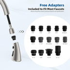 Hibbent Curved Pull Down Kitchen Faucet Head Replacement, 3-Function Kitchen Sink Spray Nozzle with 14 Adapters, Anti-Splash, Compatible with Kohler Bent Faucets, Brushed Nickel