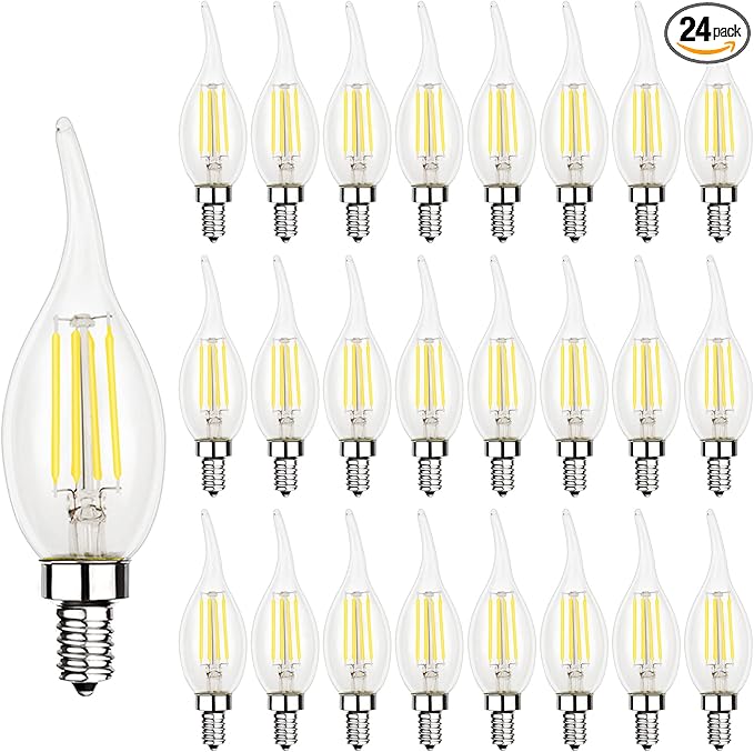 Energetic 24 Pack Dimmable Candelabra Led Light Bulb, CA10 Shape,Flame Tip Style, 60 Watt Equivalent, 500LM 5000K Daylight, E12 Base, LED Candelabra Bulb,CRI 90+, UL Listed, for Decoration