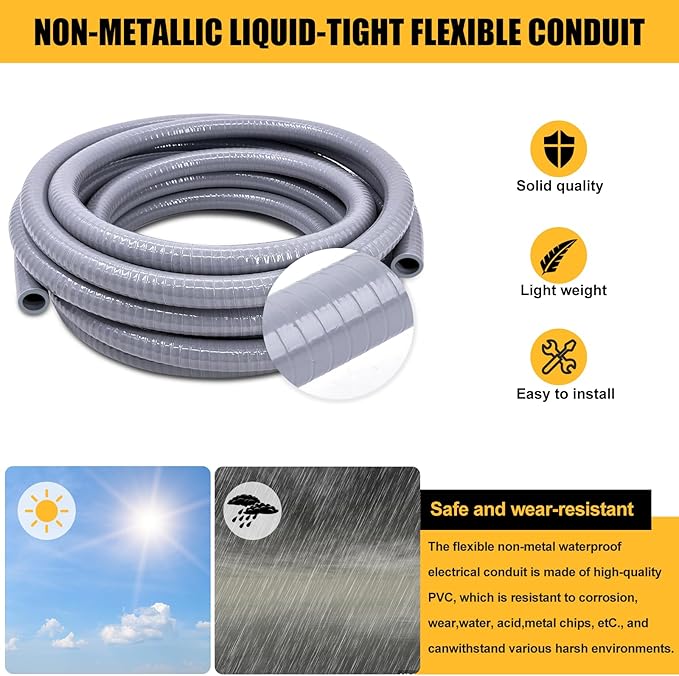 1/2 inch 150 Foot Liquid-Tight Conduit and Connector Kit, Flexible Non Metallic Electrical Conduit, With 10 Straight and 10 Angle Fittings and Pipe Strap