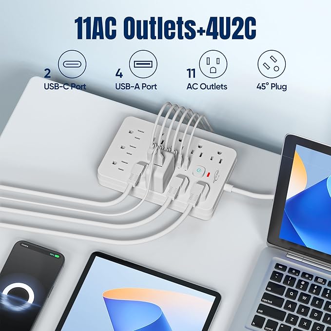 15 FT Flat Plug Surge Protector Power Strip,11 Multiple AC Outlets with 6 USB Ports (2 USB C), 15 Feet Extension Cord, 1250W/10A, One Touch Switch Button, White