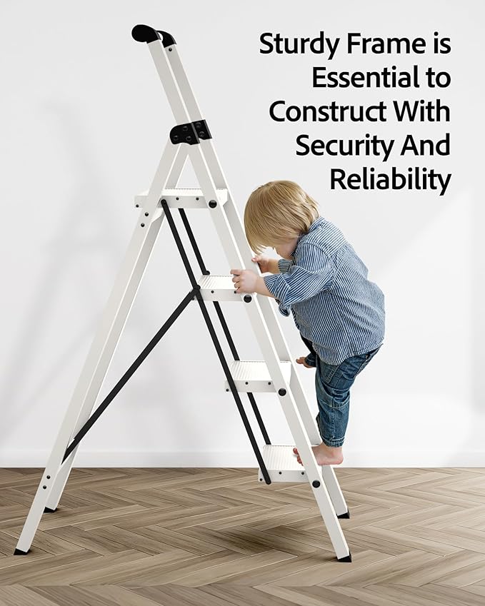 Taranta 4 Step Ladder, Lightweight Aluminum Step Stool with Convenient Handgrip, Folding Ladder with Anti-Slip Pedals, 330lbs Capacity Stepladder for Home, Office, Kitchen - White