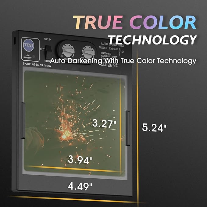 TOOLIOM Large Viewing Welding Helmet True Color Auto Darkening 1/1/1/1 3.94"x 3.27" Welding Mask with Weld/Grind/Cut Mode for TIG MIG Stick
