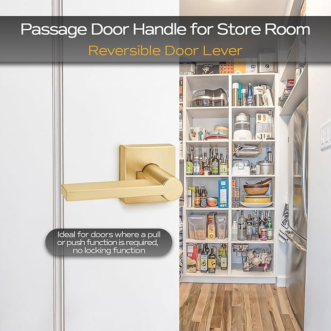 EHOMEWARE 4 Pack Passage Door Knobs, Satin Brass Door Handles Keyless Closet Door Knobs, Interior Door Handle in Gold Finish, Heavy Duty Modern Door Levers