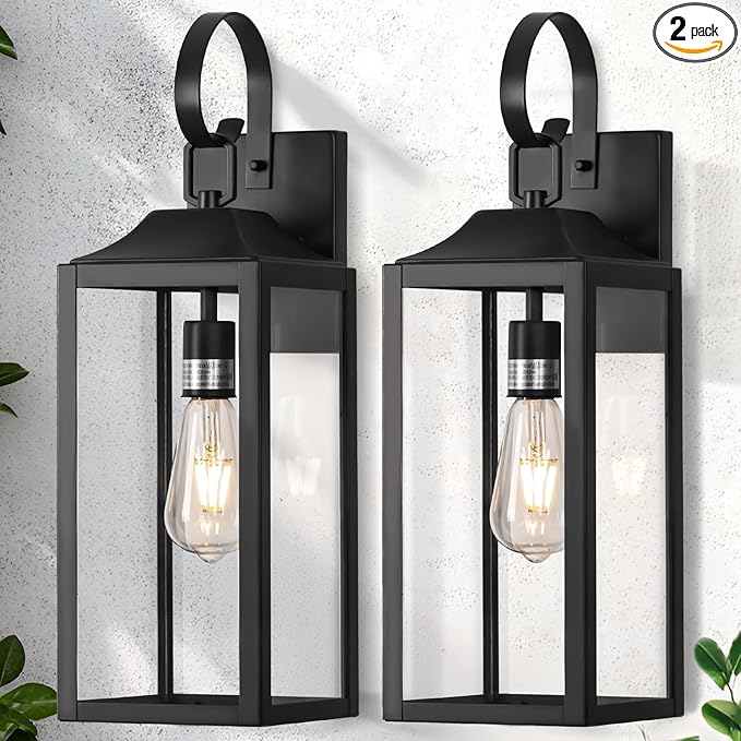 19" Large Outdoor Light Fixture 2 Pack, Porch Lights Sconce Exterior Lighting Fixtures, Black Outside Lights for House Modern Wall Lantern, Anti Rust Outside Coach Lamps for House, Doorway, Garage