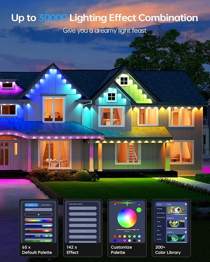 ASAHOM Permanent Outdoor Light Pro S108D, 200FT with 144 RGBCW LEDs, WLED Integration, AI Lighting, 30000 Lighting Effect Combination, IP67 Waterproof for Halloween Christmas Daily Decor, White