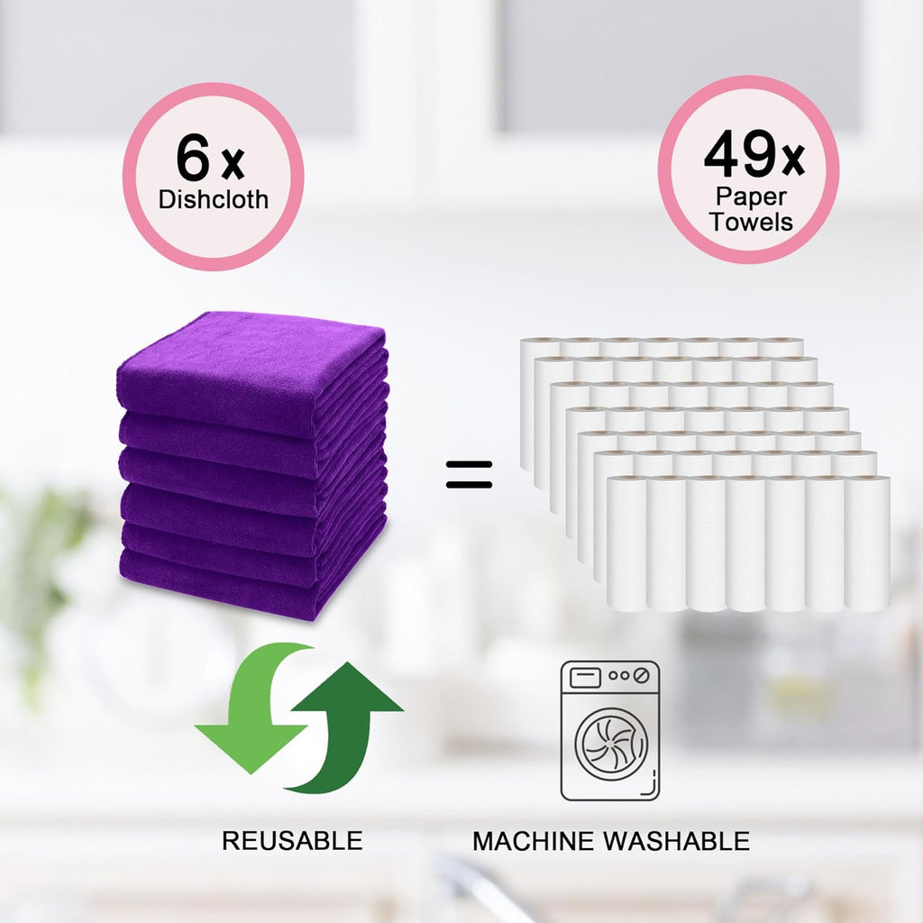 kimteny 13x28 Inches Kitchen Cloth Dish Towels, 400 GSM Premium Dishcloths, Super Absorbent Coral Velvet Microfiber Cleaning Cloths, Fast Drying Rags for Washing Dishes (6 Pack, Purple)