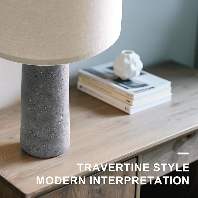 BOBOMOMO 27.25" Travertine Lamp Set of 2, Modern Lamps for Living Room with Linen Shades, Gray Resin Table Lamp with Natural Stone Look, Nightstand Lamp for Bedroom, Living Room, Entryway