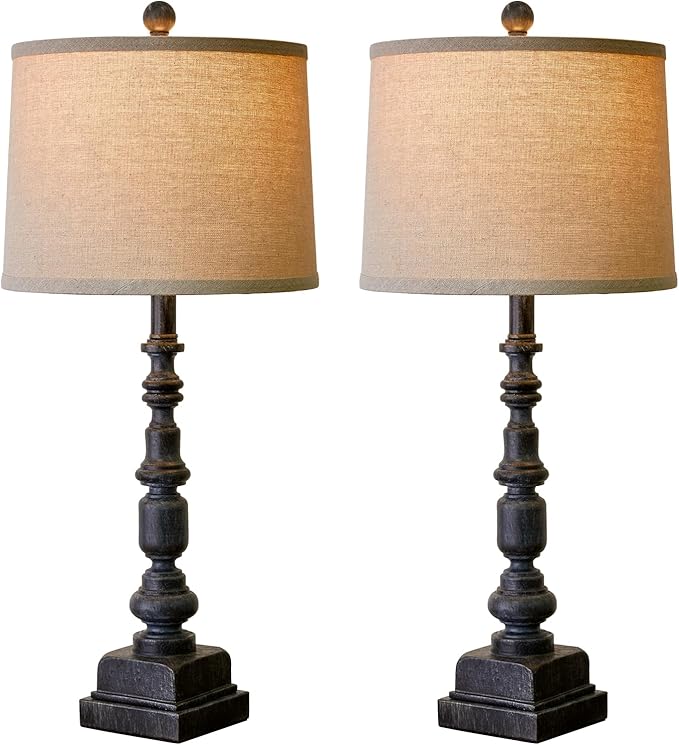 Oneach 27.75” Vintage Farmhouse USB A+C Table Lamps Set of 2 for Living Room Bedroom Traditional Bedside Nightstand Lamp Retro Resin Lamps Linen Shade Nightstand Home Office Antique Black Accent