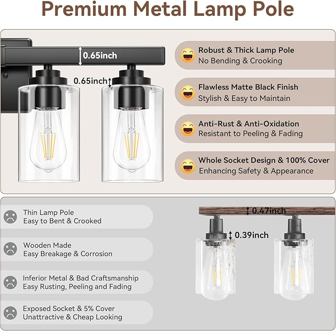 4-Light Bathroom Light Fixtures, 27" Modern Vanity Lights Over Mirror with Clear Glass Shades, Matte Black Light Fixture, Classic Wall Light Fixture for Mirror Living Room Cabinet Bedroom Porch