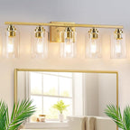 5-Light Gold Bathroom Light Fixtures, 31" Modern Vanity Lights Over Mirror with Clear Glass Shades,Brushed Gold Wall Light Fixture for Bathroom Mirror Bedroom Porch, Hardwired Wall Sconces