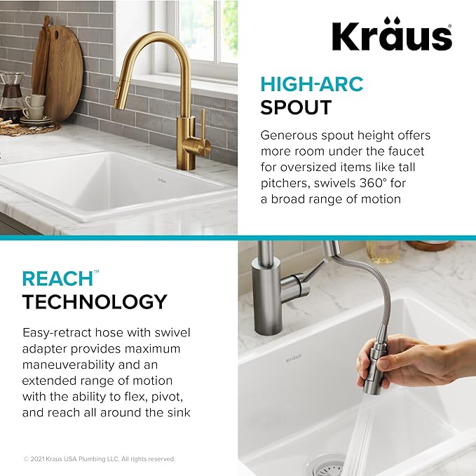 KRAUS Oletto Single Handle Pull Down Kitchen Faucet with QuickDock Top Mount Installation Assembly in Spot-Free Brushed Brass, KPF-2620BB
