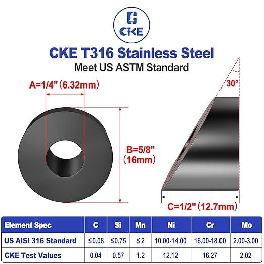 CKE 50 Pack 1/4" Black Angle Beveled Washers for Cable Railing, 30 Degree Beveled Washers for 1/8" 5/32" 3/16" Stair Deck Cable Railing Kit, T316 Stainless Steel Black Cable Railing Angle Washer,BCR17