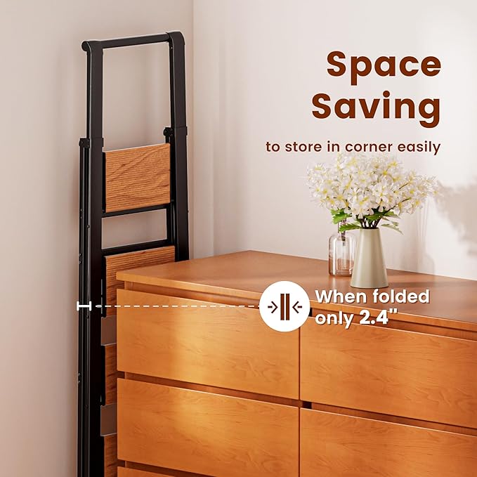 GameGem 4 Step Ladder, Lightweight Aluminum Folding Step Stool with Convenient Handgrip, Stepladders with Anti-Slip and Wide Pedal for Home Use Space Saving - Black+Woodgrain