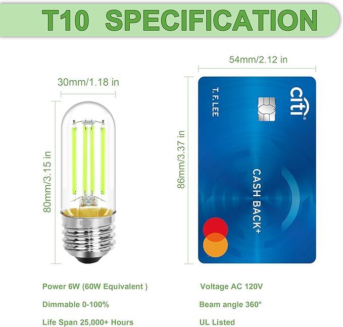 4 Pack 3.2 Inch T10 Green Light Bulb, E26 Base Edison Bulbs Dimmable, AC 120V 60 Watt Equivalent Clear Glass Filament Bulb, Halloween Christmas Party Bar Colored Light Bulbs, UL Listed
