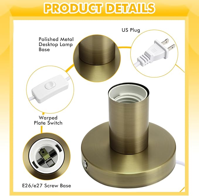 Tuanse 2 Pcs Polished Metal Desktop Lamp Base E26 E27 Screw Light Bulb Holder Sockets Night Light Base Lamp Replacement for Holding Bulb 6 Feet Cord on Off Switch Plug(Bronze,Aluminum)