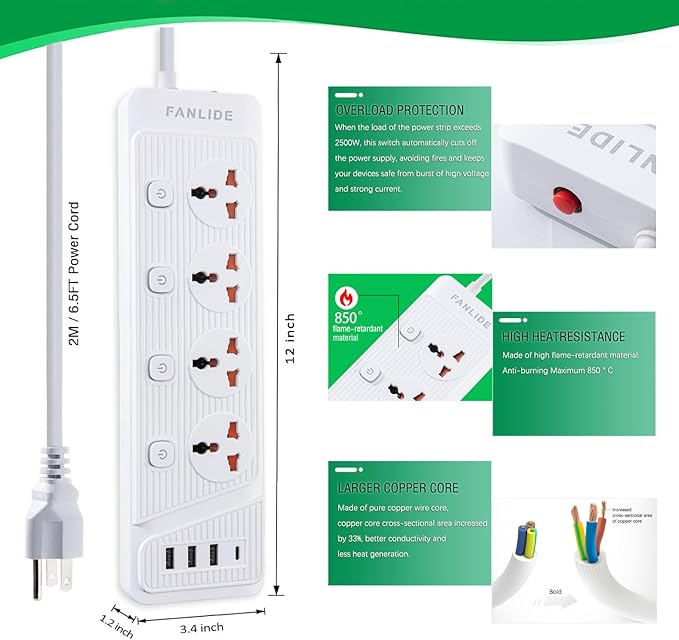 Universal Power Strip with USB C, 6.5ft Long Power Cord, 4 Outlets Power Strips with Surge Protection, 4 USB Ports Desktop Charging Station(3 USB-A & 1 USB-C)