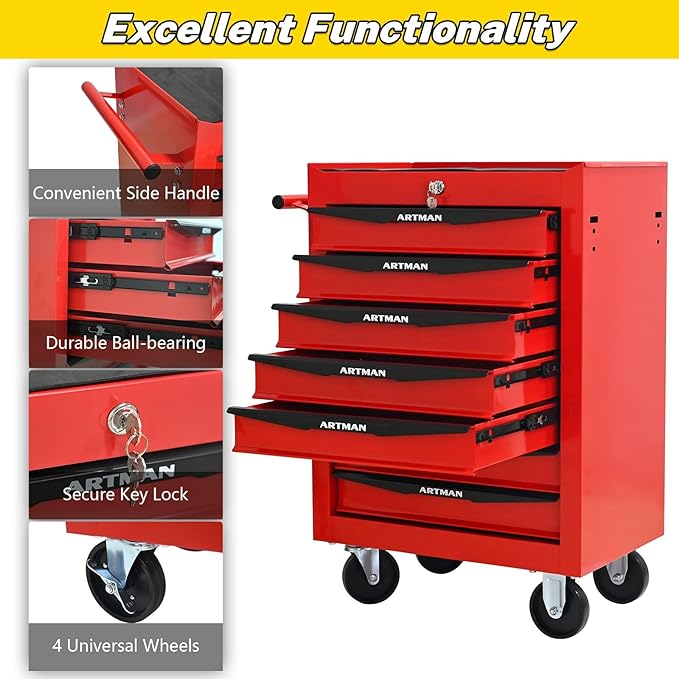 7-Drawer Steel Rolling Tool Cart with Wheels & Handle, Heavy-Duty Tool Chest Storage Cabinet for Garage and Workshop