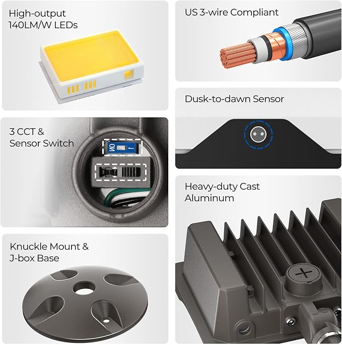 CINOTON 55W LED Flood Light 3CCT (3000K/4000K/5000K), 7700LM Dusk-to-Dawn Photocell Outdoor Security Lighting, 120V IP65 Aluminum Wall Pack for Porch/Barn, 180° Knuckle Mount, 2 Modes, ETL, 1 Pack