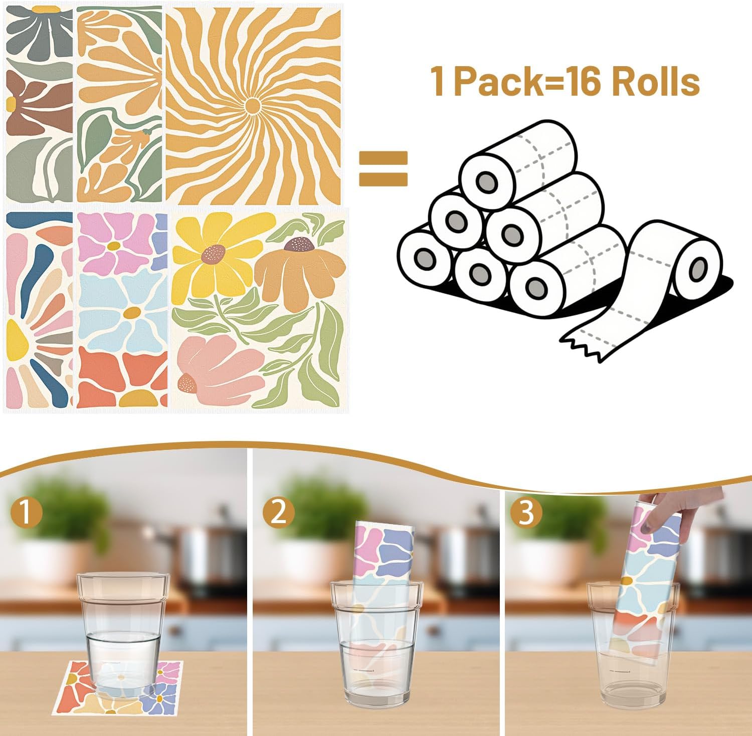 Boho Floral Swedish Dishcloths for Kitchen, 6PCS Retro Groovy Swedish Dish Cloths Gift Set, Reusable Absorbent Cellulose Sponge Dish Towel for Home Cleaning(7.8 X 7 Inches)