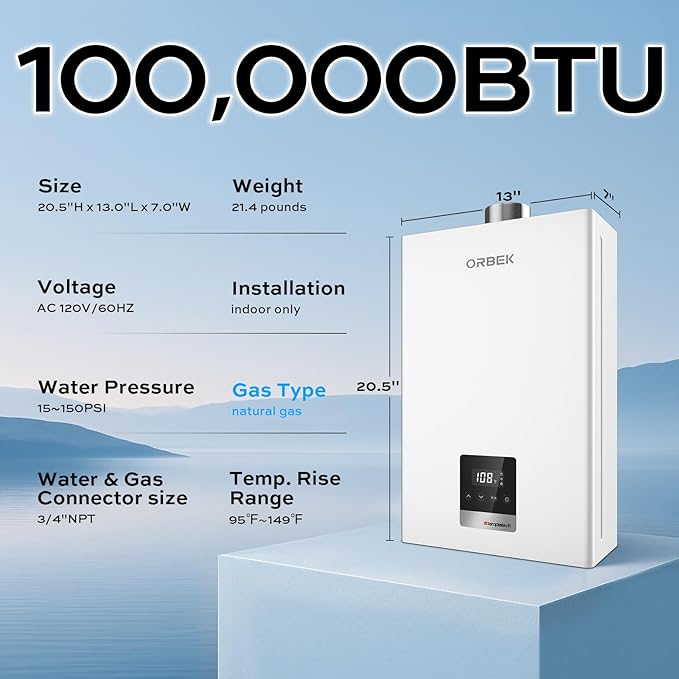 Natural Gas Tankless Water Heater - ORBEK 100,000 BTU Up to 4.3 GPM Indoor Installation - CSA Certified On-Demand Instant Hot Water Heater 3/4" NPT Connector Size