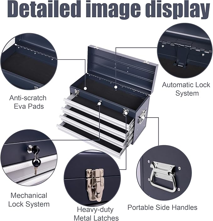 4 Drawers Metal Tool Box, 21" Portable Steel Tool Chest w/Key Lock & Latch Closure, Multi-Function Top Storage Tray Toolbox w/Powder Coating & Ball Bearing Slides for Garage (Antique Grey)