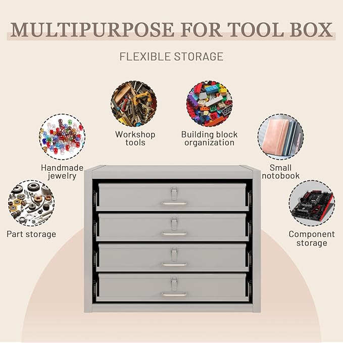 Steel Compartment Box Slide Rack, 4 Divider Scoop Boxes, Cold-Rolled Steel, 20" L x 15.75" W x 15" H, Carry-on Tool Box, Gray — Small Parts Organizer for MRO, Shop & Garage