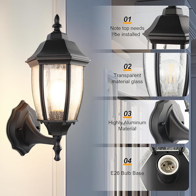 Outdoor Wall Lantern, 14 Inch Porch Light Fixtures with Seed Glass Shades, Waterproof Exterior Wall Lights, Mounted Outside Lighting for House Farmhouse Patio Doorway Garage (E26 Base Max 40W)
