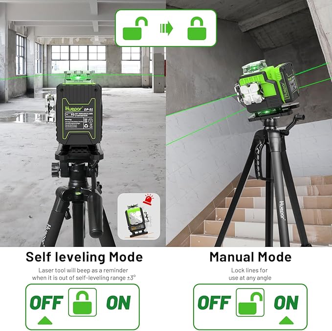 Outdoor Laser Level 360 Self leveling with Laser Level Receiver, 4x360 Green Cross Line Laser with Bluetooth, Huepar P04CG＆LR-8RG, Laser Class: Class II (IEC/EN60825-1/2014), 1mW power output