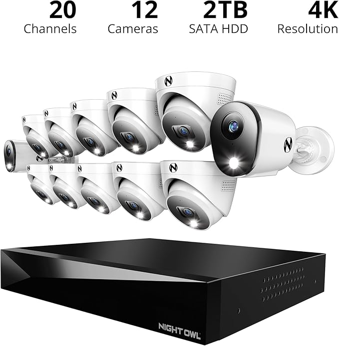 Night Owl 2-Way Audio 20 Channel DVR Video Home Security Camera System with 12 (2 Bullet 10 Dome) Wired 4K HD Indoor/Outdoor Deterrence Cameras and 2TB Hard Drive (2 Bullet/10 Dome - 20 Channel)