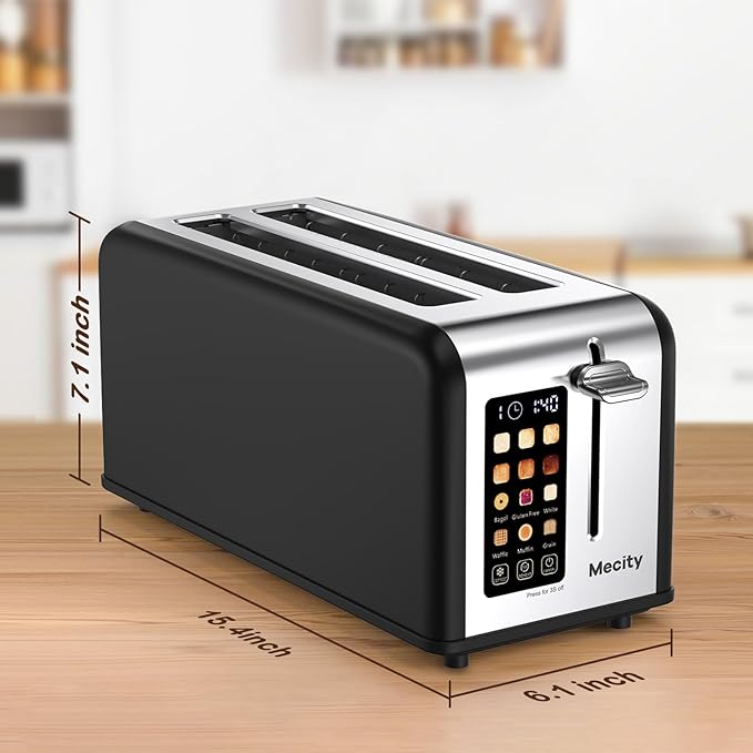 Mecity 4 Slice Toaster with Touchscreen Long Slot, Stainless Steel Smart Bread Toaster for Bagel Muffin Waffle Gluten Free Breads, Timer, Defrost, Reheat, 120V 1400W