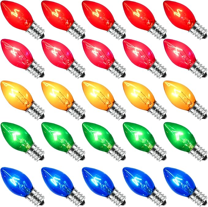 25 Pack Multi-color C7 Replacement Christmas Light Bulbs Vintage Colorful Light Bulbs, for Xmas C7 String Lights Replacement Bulbs & Christmas Tree Home Party Yard Color Bulb Decor, E12 Base, 5W