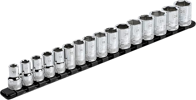 ARES 70086-1/2-Inch Drive Black Aluminum Socket Organizer - Store up to 16 Sockets and Keep Your Tool Box Organized - Sockets Will Not Fall Off this Rail