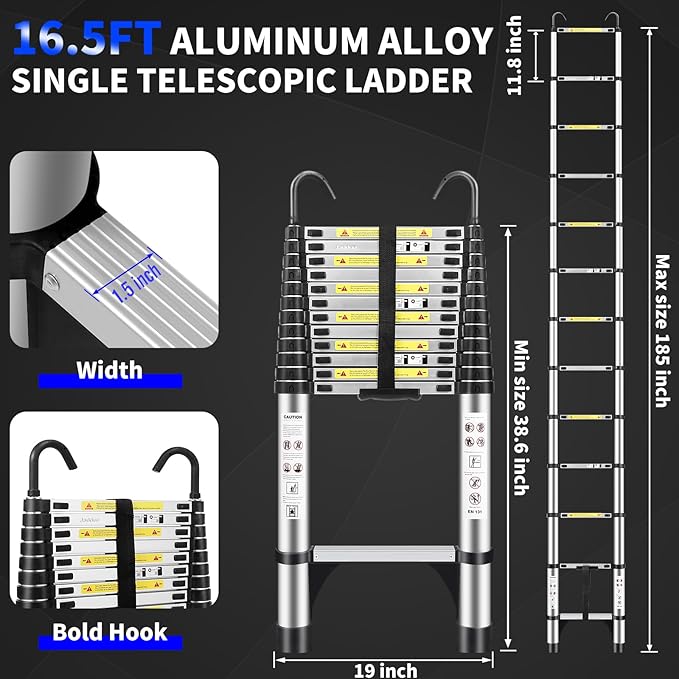 JADDUO 16.5FT Telescopic Ladder, Aluminium Silver Telescoping Ladder with Non-Slip Feet and Stable Hook, Portable Extension Ladder for Household and Outdoor Working, Heavy Duty 330lbs Max Capacity
