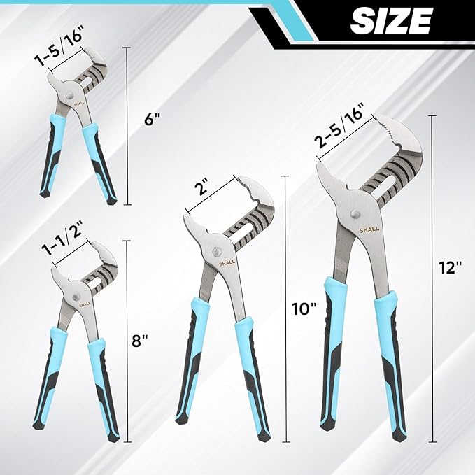 SHALL 4-Piece Groove Joint Pliers Set, 12/10/8/6 Inch Adjustable Water Pump Pliers with Cushion grip, Tongue and Groove Pliers w/Tool Roll Bag for Home Repair, Plumbing, Gripping, Nuts, Bolts