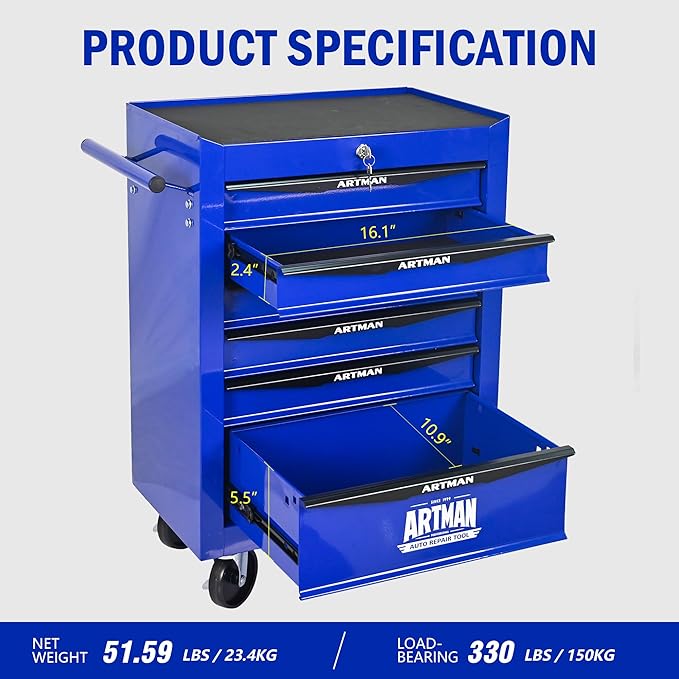 6 Drawers Rolling Tool Box on Wheels, Multifunctional Tool Chest Cabinet with Lock, Drawers Rolling Tool Cart Trolley Organizer Tool Storage Case for Warehouse,Garage,Workshop (Blue)