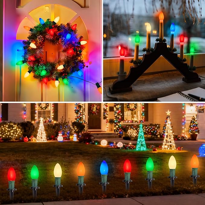 C9 Christmas Replacement Lights Bulbs, 25 Pack Multicolor Ceramic Light Bulbs for Christmas Outdoor Indoor String Light, Xmas Holiday Patio Party Decorations(E17 Socket Base 7w)
