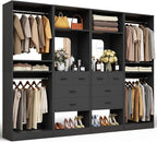 Unikito 100” Closet System with Drawers, 8.3FT Wood Closet Organizer with Hanging Rods and Mirror Design, Reversible Large Walk in Wardrobe Garment Rack with Shelves, Sturdy Closet Tower, Black