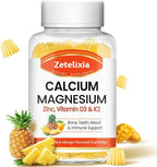 Calcium Gummies for Women Men, Calcium Magnesium Zinc with Vitamin D3 & K2, Calcium Magnesium Supplement for Bones Muscles and Joints, Pineapple & Mango Flavor - 60 Count
