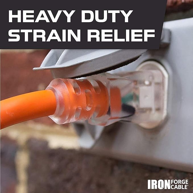 Iron Forge Cable 10 Gauge 25ft Lighted Outdoor Heavy Duty Extension Cord with 3 Outlets - 15 Amp 10/3 SJTW Orange Extension Cord with Multiple Outlets